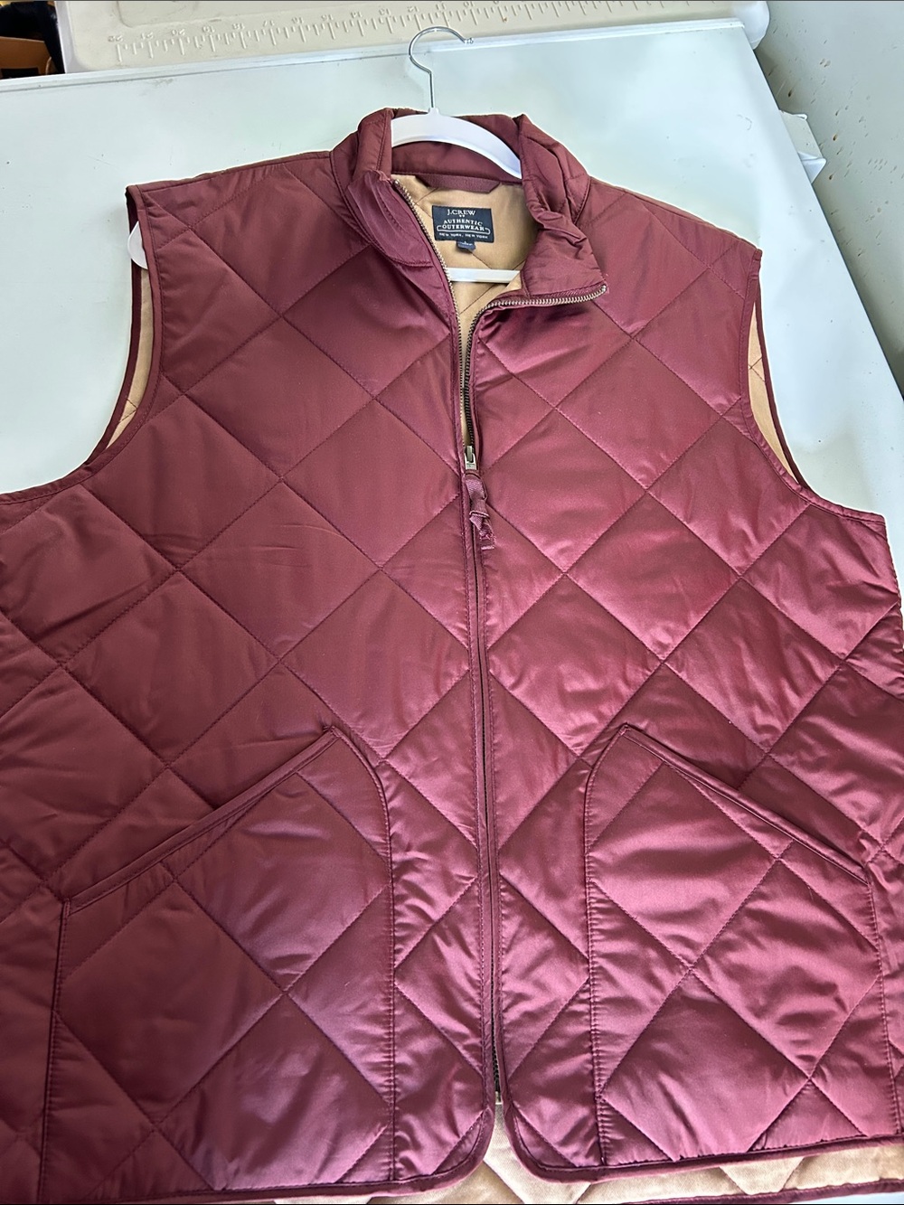 J. Crew Quilted Vest in Wine with Tan Trim